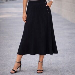 Adrianna Papell Black Ribbed Knit Midi Skirt XS Button Detail Fitted Flare